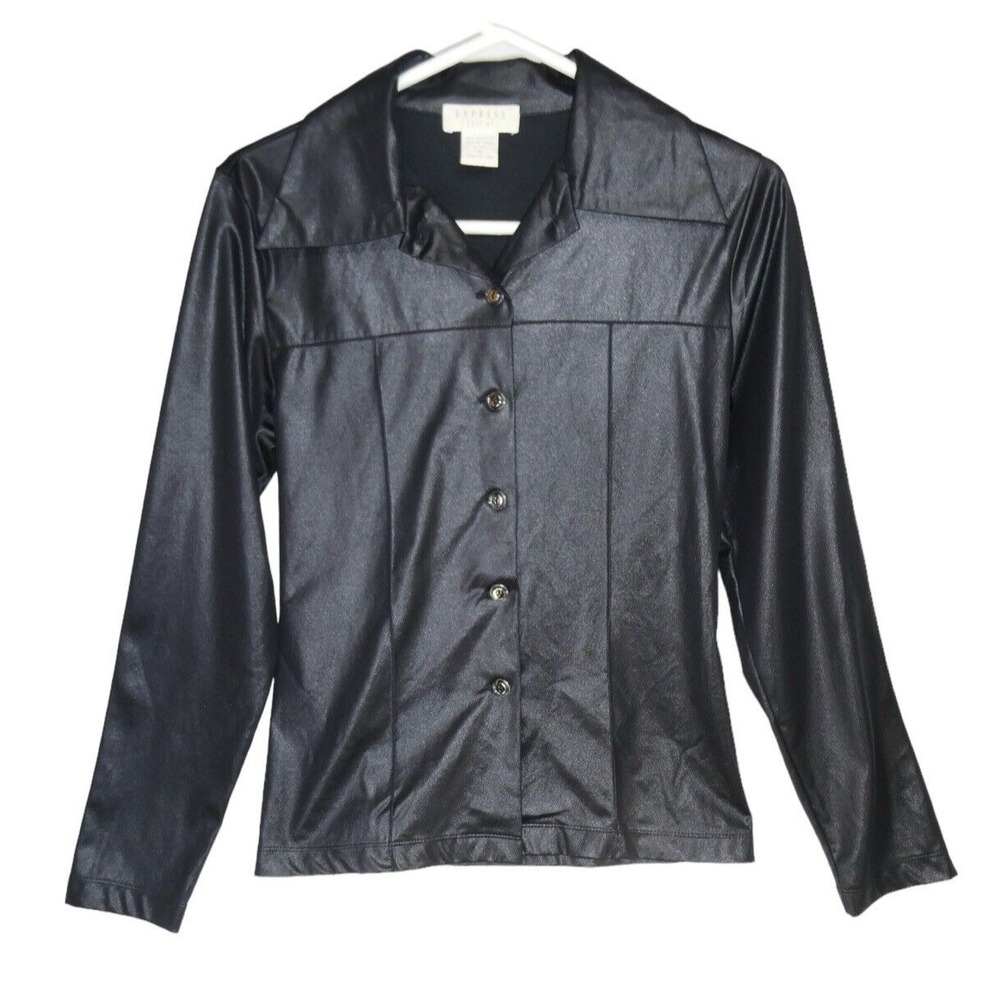 Express Tricot Shirt Women's Size M‎ Black Button Up Satin Vintage Y2K Disco